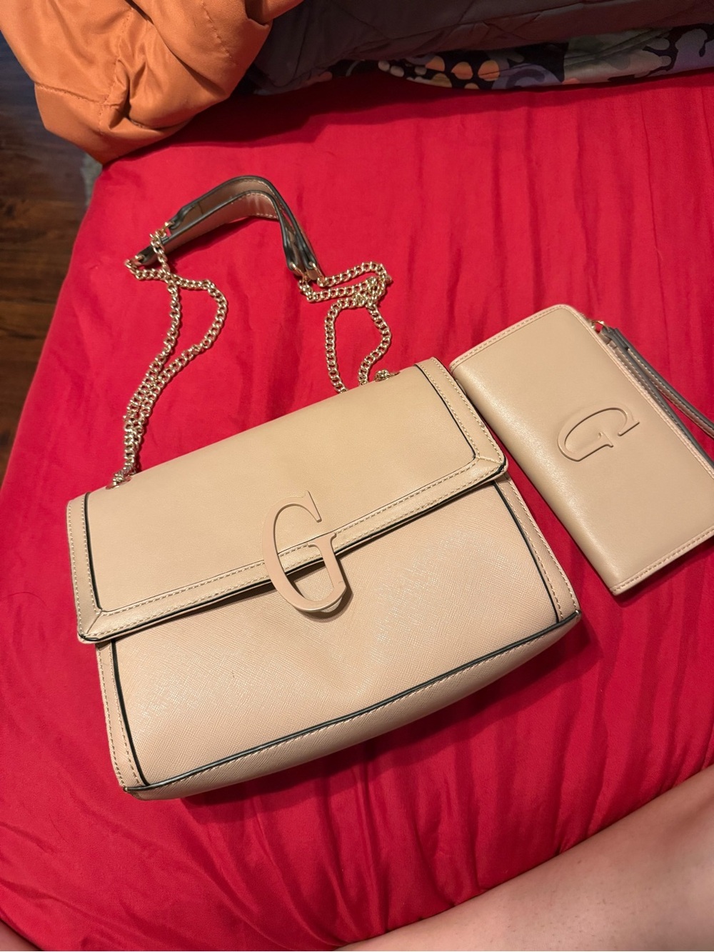 Guess Beige Chain Shoulder Bag with Matching Wallet